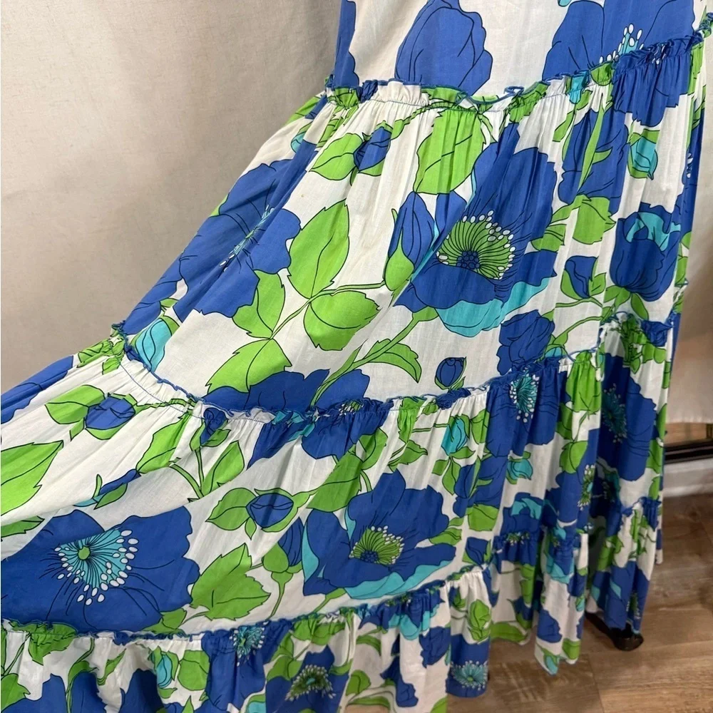 Kate Spade Blue Green Floral Ruffle V-Neck Sleeveless Dress size 6